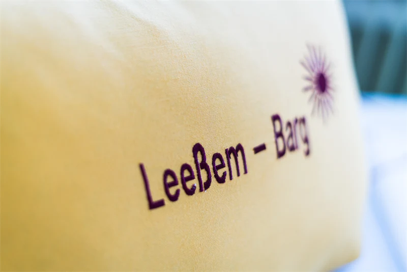 Gelber Stoff mit aufgesticktem Schriftzug „Leeßem – Barg“ und violettem Stern