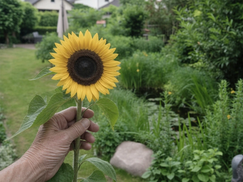 Gartenbereich Im Vordergrund ist eine Hand zu sehen, die eine Sonnenblume hält; dahinter liegen der Garten und der Teich des Pflegeheims Bremen Nord.